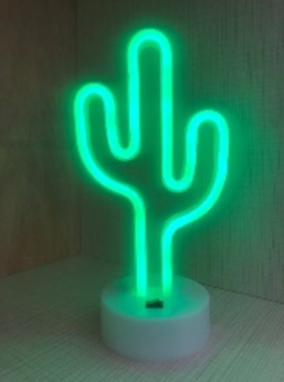 LED Neon Tafellamp Cactus, Op Batterijen en USB, 13x10x27cm, Groen