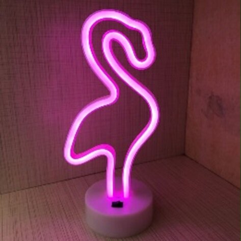 LED Neon Tafellamp Flamingo, Op Batterijen en USB, 13x10x29cm, Roze