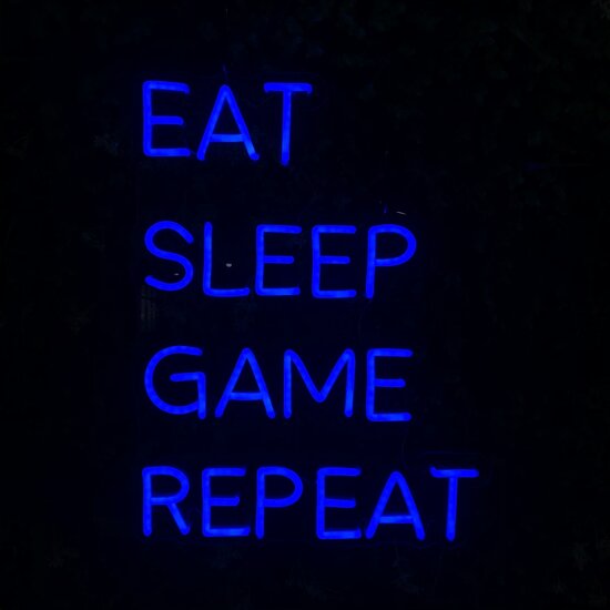 LED Neon Bord "EAT SLEEP GAME REPEAT", Incl. Adapter, 39x50cm, Blauw afbeelding